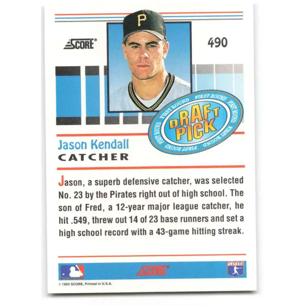 1993 Score #490 Jason Kendall NM-MT RC Rookie Pittsburgh Pirates Baseball Card - Baseball Card Single