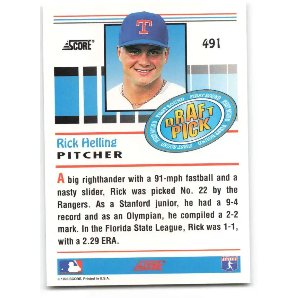 1993 Score #491 Rick Helling NM-MT Texas Rangers Baseball Card - Baseball Card Single