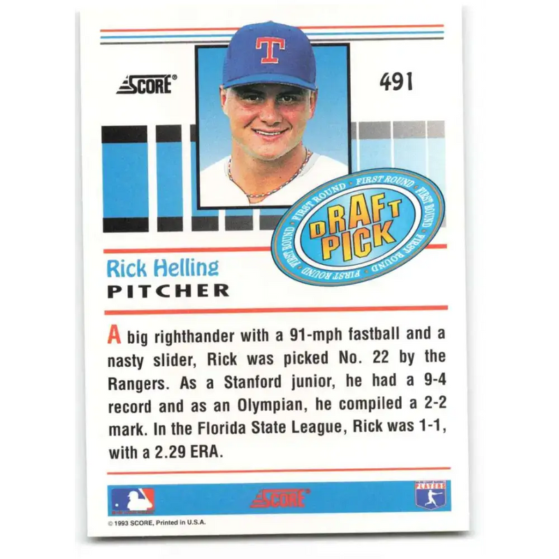 1993 Score #491 Rick Helling NM-MT Texas Rangers Baseball Card - Baseball Card Single