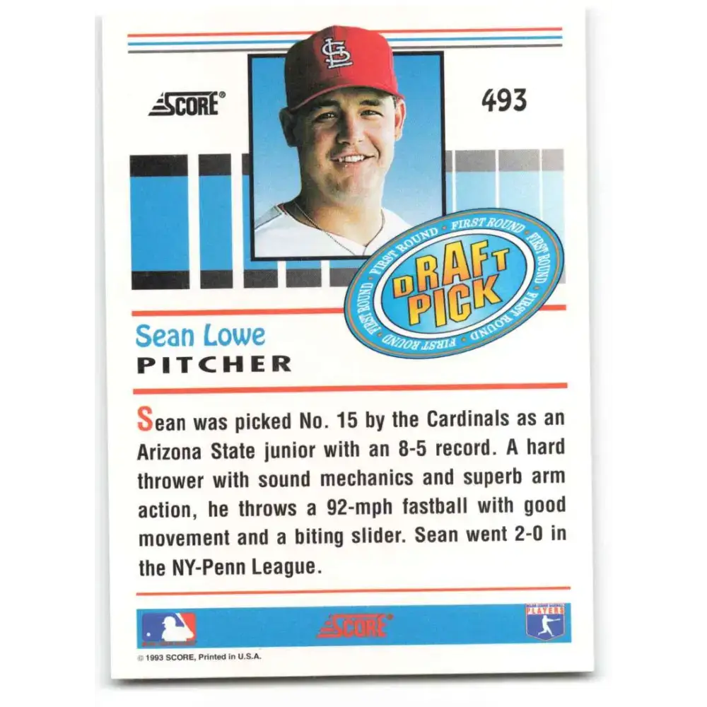 1993 Score #493 Sean Lowe NM-MT RC Rookie St. Louis Cardinals Baseball Card - Baseball Card Single