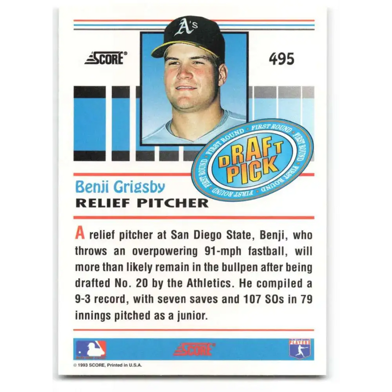 1993 Score #495 Benji Grigsby NM-MT RC Rookie Oakland Athletics Baseball Card - Baseball Card Single