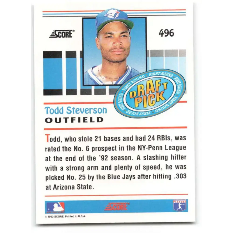 1993 Score #496 Todd Steverson NM-MT RC Rookie Toronto Blue Jays Baseball Card - Baseball Card Single
