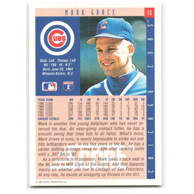 1993 Score #50 Mark Grace NM-MT Chicago Cubs Baseball Card - Baseball Card Single