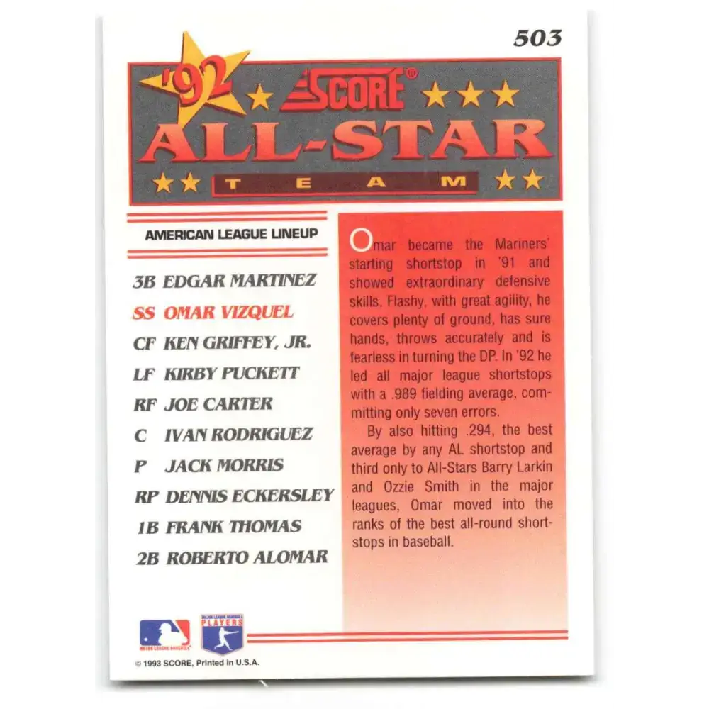 1993 Score #503 Omar Vizquel AS NM-MT Seattle Mariners Baseball Card - Baseball Card Single