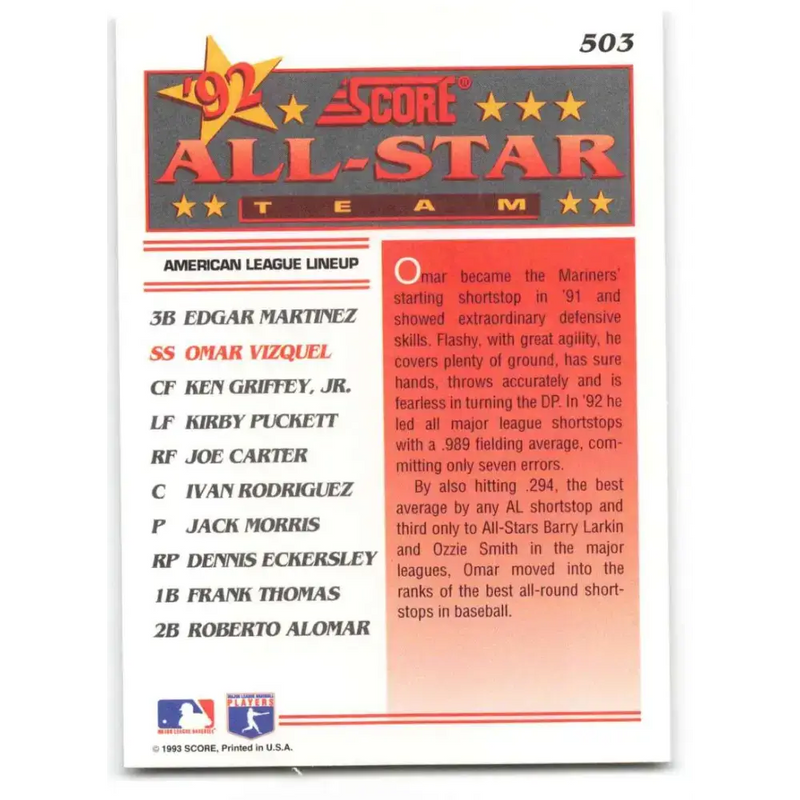 1993 Score #503 Omar Vizquel AS NM-MT Seattle Mariners Baseball Card - Baseball Card Single