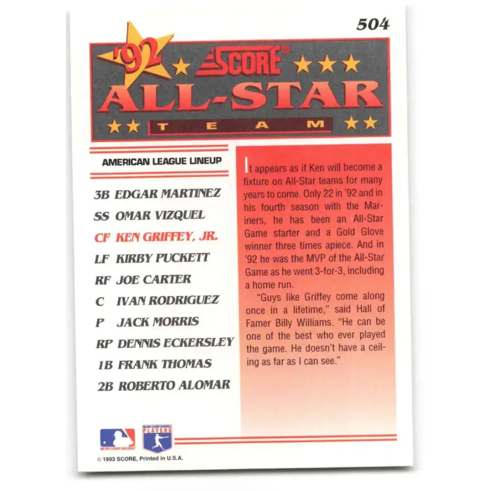 1993 Score #504 Ken Griffey Jr. AS NM-MT Seattle Mariners Baseball Card - Baseball Card Single