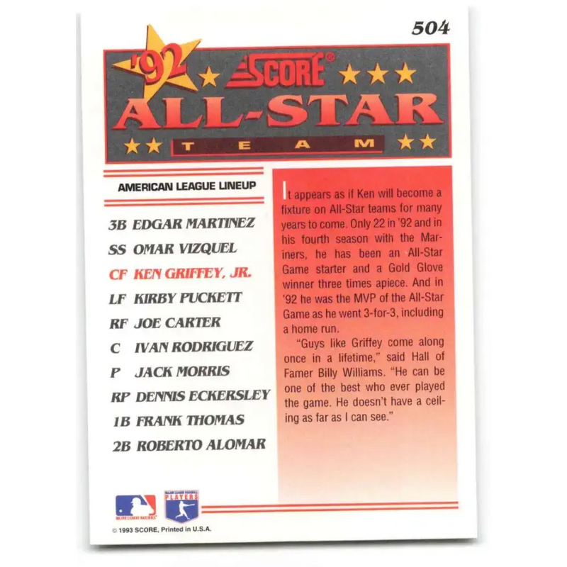 1993 Score #504 Ken Griffey Jr. AS NM-MT Seattle Mariners Baseball Card - Baseball Card Single