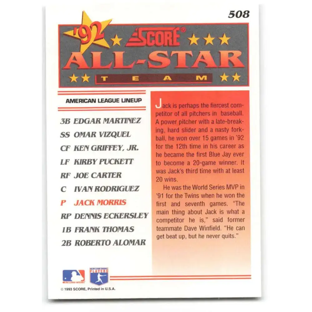 1993 Score #508 Jack Morris AS NM-MT Toronto Blue Jays Baseball Card - Baseball Card Single