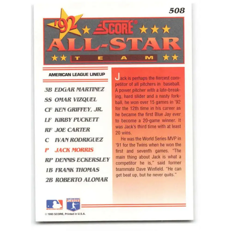 1993 Score #508 Jack Morris AS NM-MT Toronto Blue Jays Baseball Card - Baseball Card Single