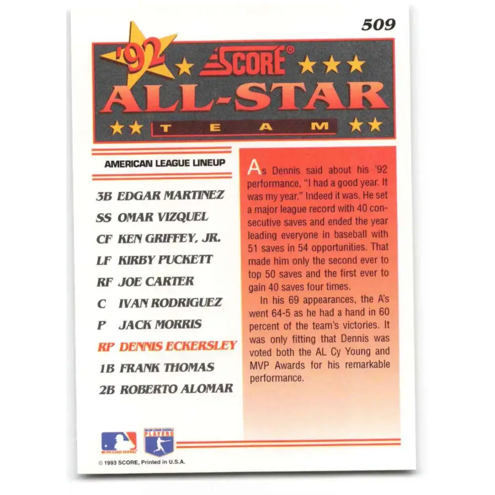 1993 Score #509 Dennis Eckersley AS NM-MT Oakland Athletics Baseball Card - Baseball Card Single