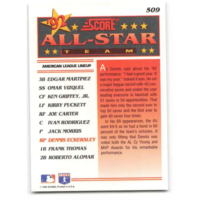 1993 Score #509 Dennis Eckersley AS NM-MT Oakland Athletics Baseball Card - Baseball Card Single