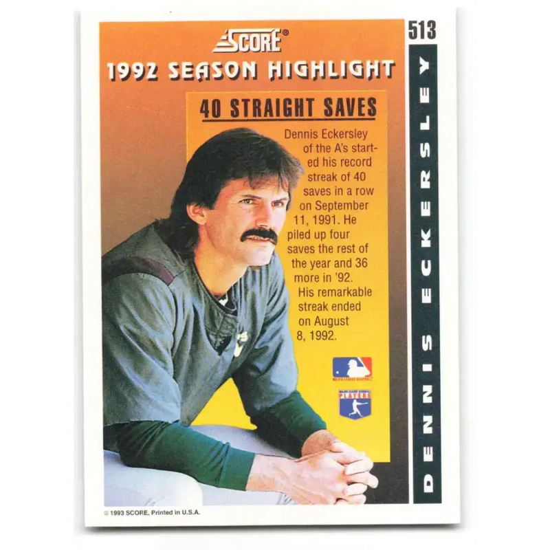 1993 Score #513 Dennis Eckersley HL NM-MT Oakland Athletics Baseball Card - Baseball Card Single