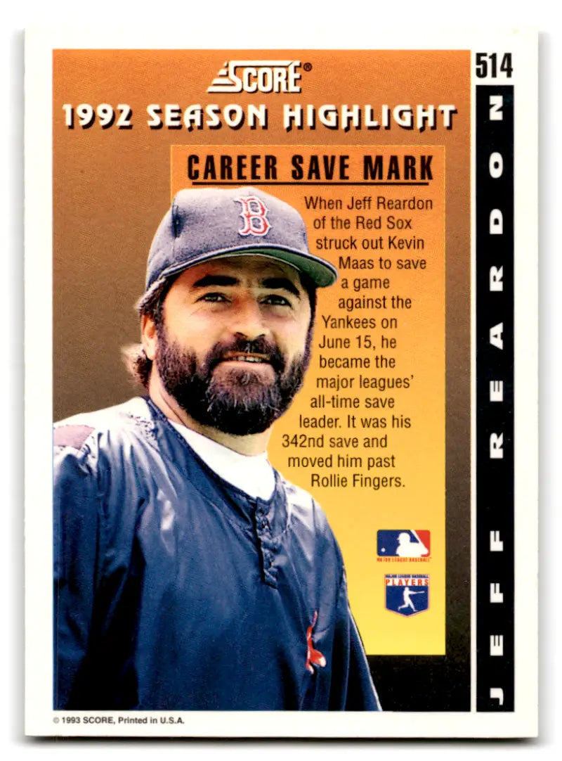 Original gloss Jeff Reardon baseball card featuring excellent Red Sox HL ID:70098