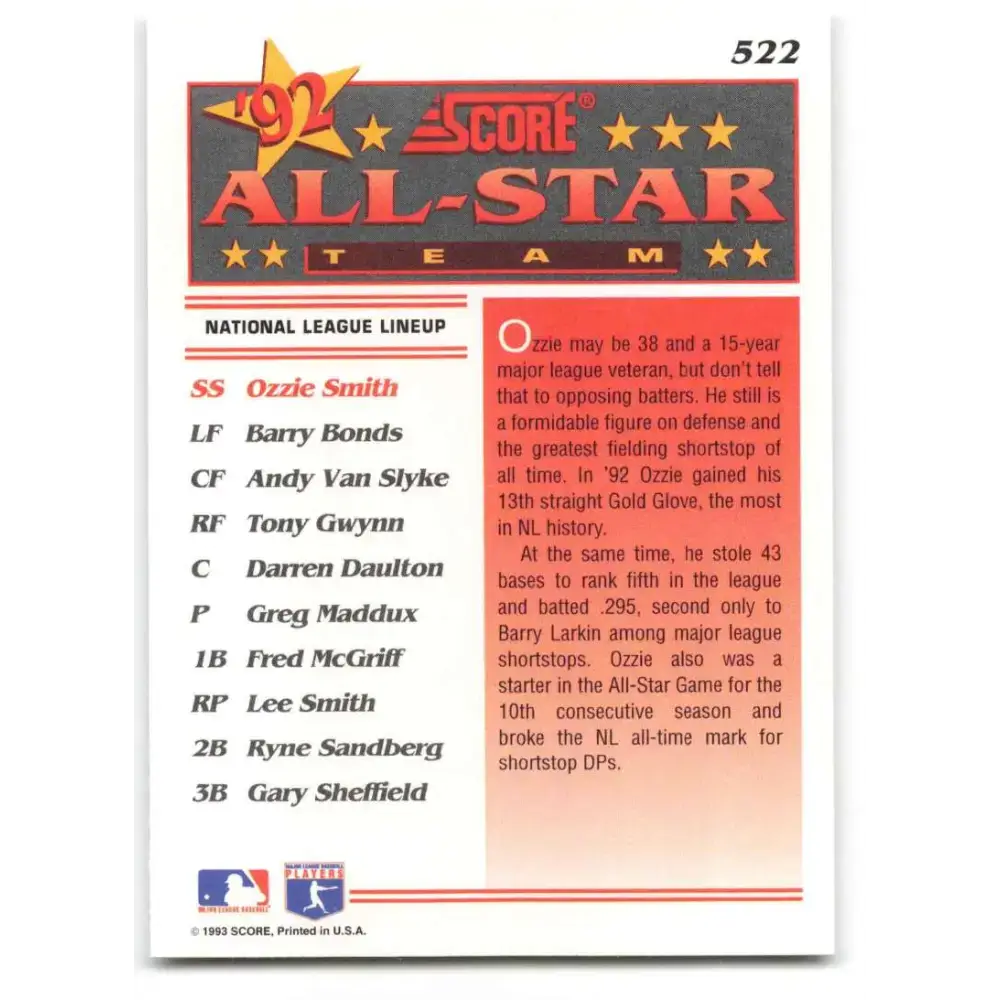 1993 Score #522 Ozzie Smith AS NM-MT St. Louis Cardinals Baseball Card - Baseball Card Single