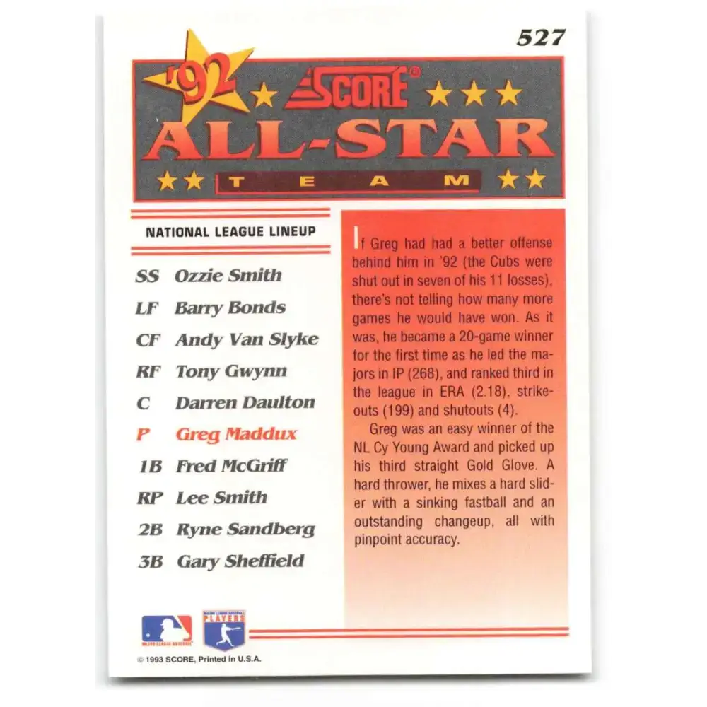 1993 Score #527 Greg Maddux AS NM-MT Atlanta Braves Baseball Card - Baseball Card Single