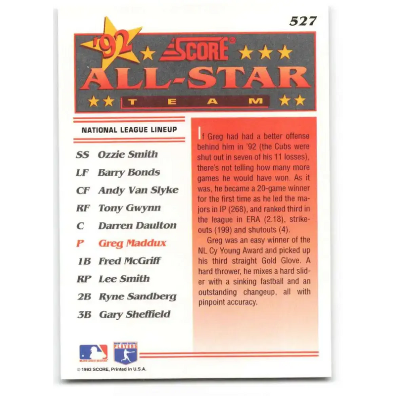 1993 Score #527 Greg Maddux AS NM-MT Atlanta Braves Baseball Card - Baseball Card Single