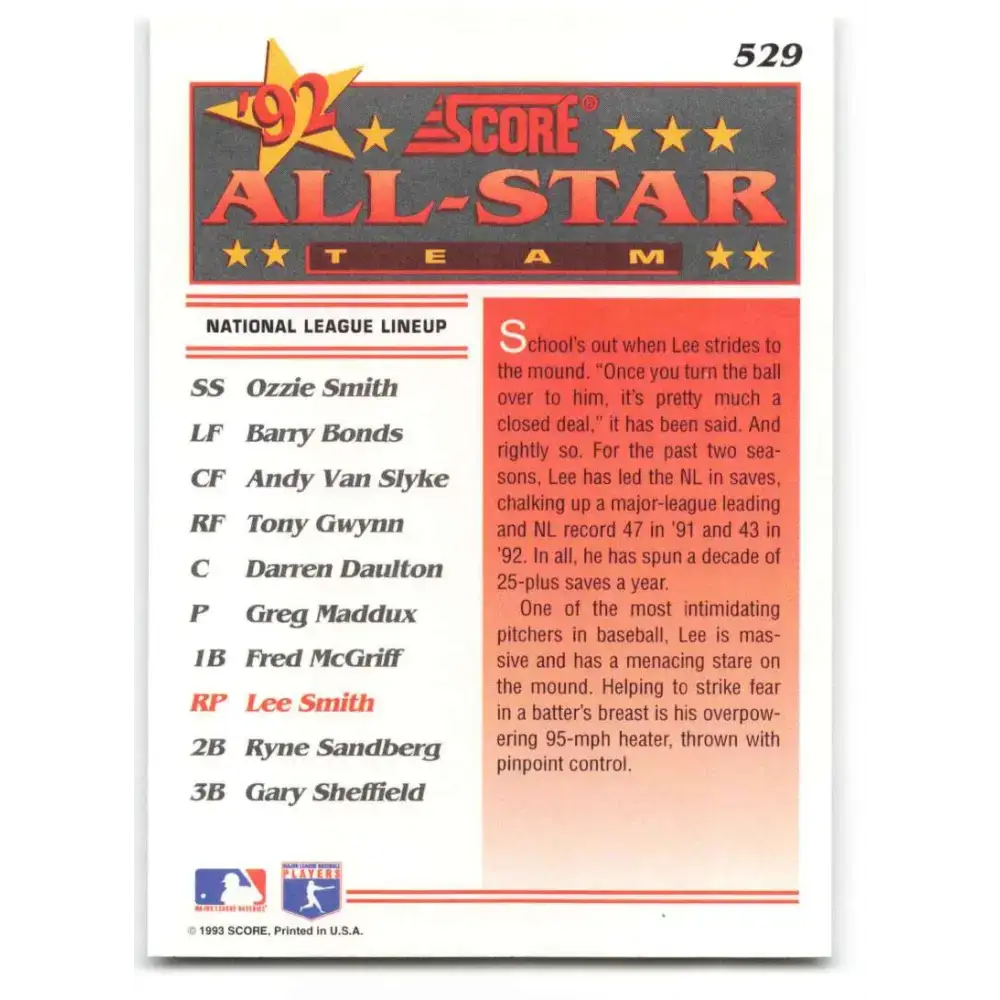 1993 Score #529 Lee Smith AS NM-MT St. Louis Cardinals Baseball Card - Baseball Card Single