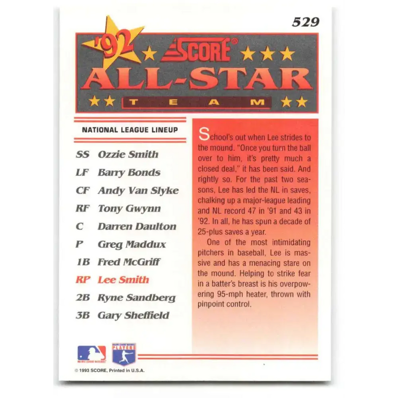 1993 Score #529 Lee Smith AS NM-MT St. Louis Cardinals Baseball Card - Baseball Card Single
