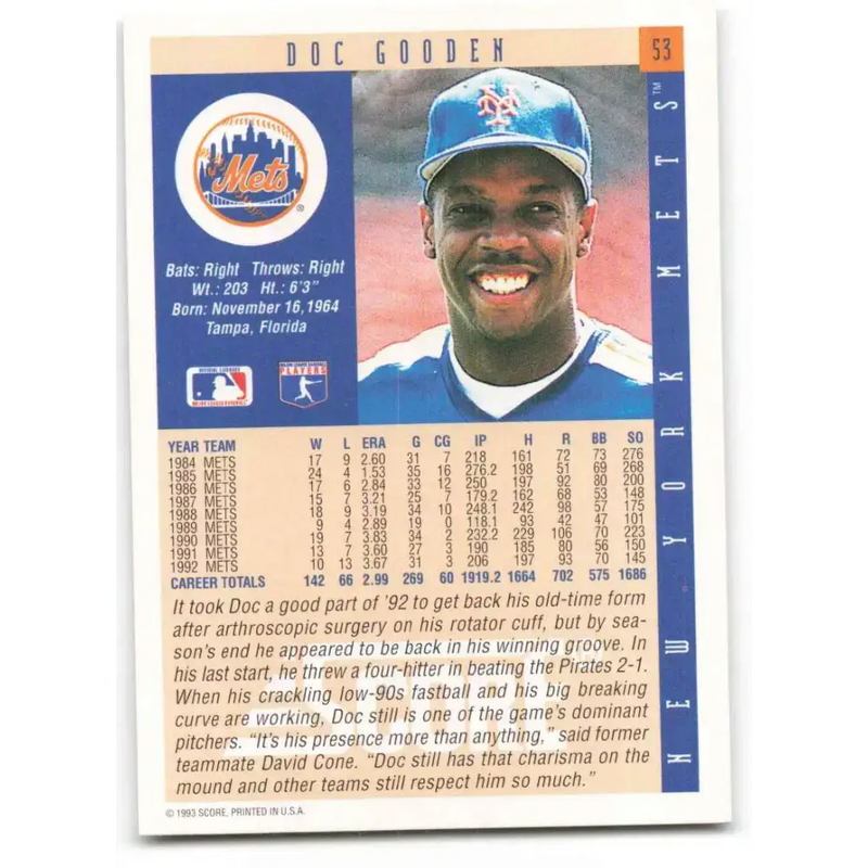 1993 Score #53 Dwight Gooden NM-MT New York Mets Baseball Card - Baseball Card Single