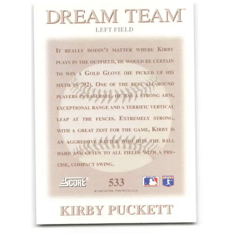1993 Score #533 Kirby Puckett DT NM-MT Minnesota Twins Baseball Card - Baseball Card Single