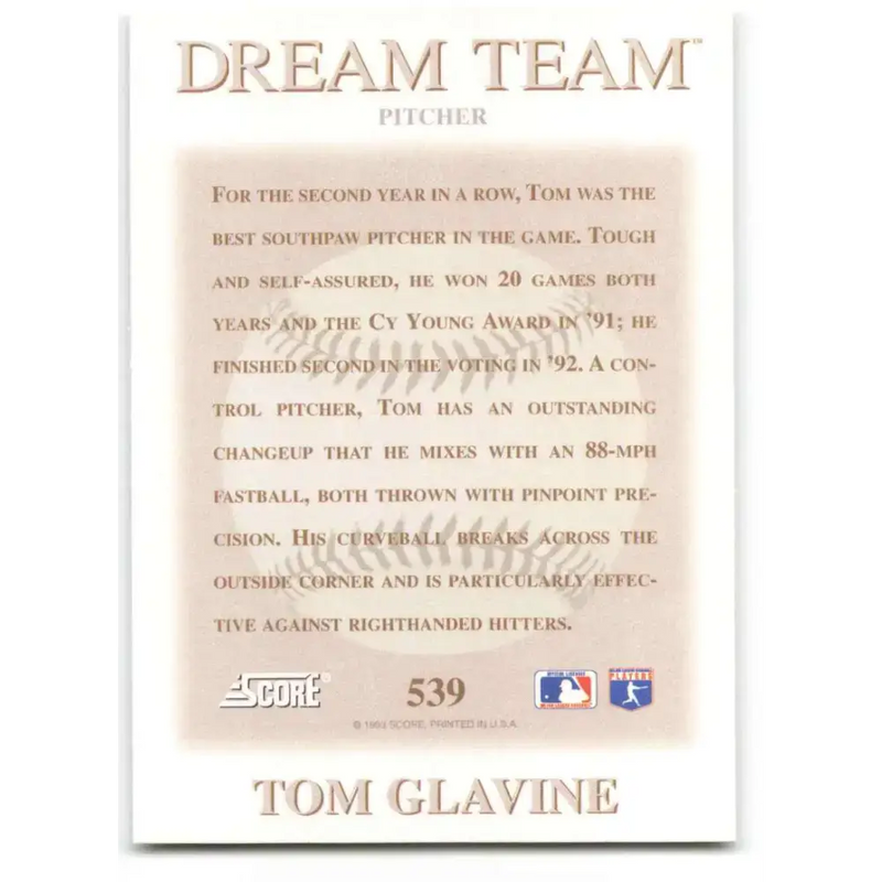 1993 Score #539 Tom Glavine DT NM-MT Atlanta Braves Baseball Card - Baseball Card Single