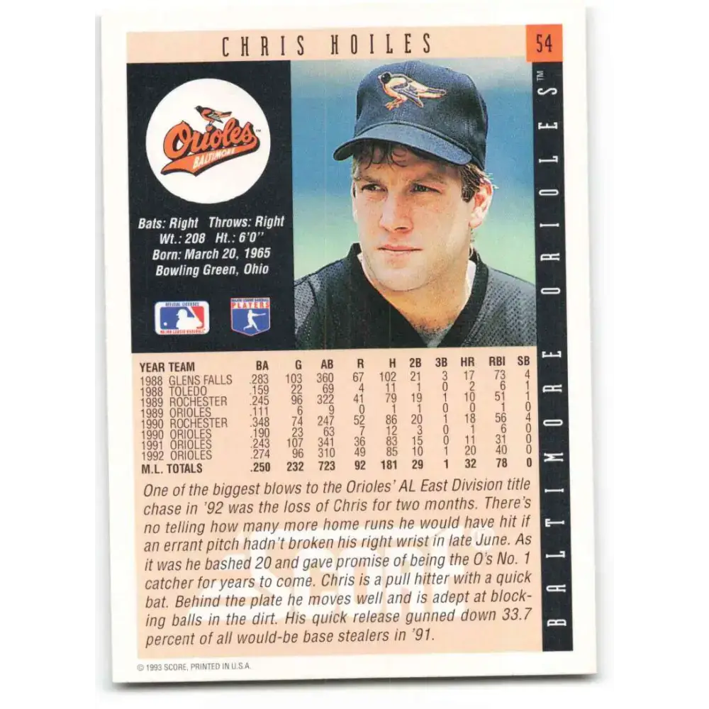 1993 Score #54 Chris Hoiles NM-MT Baltimore Orioles Baseball Card - Baseball Card Single