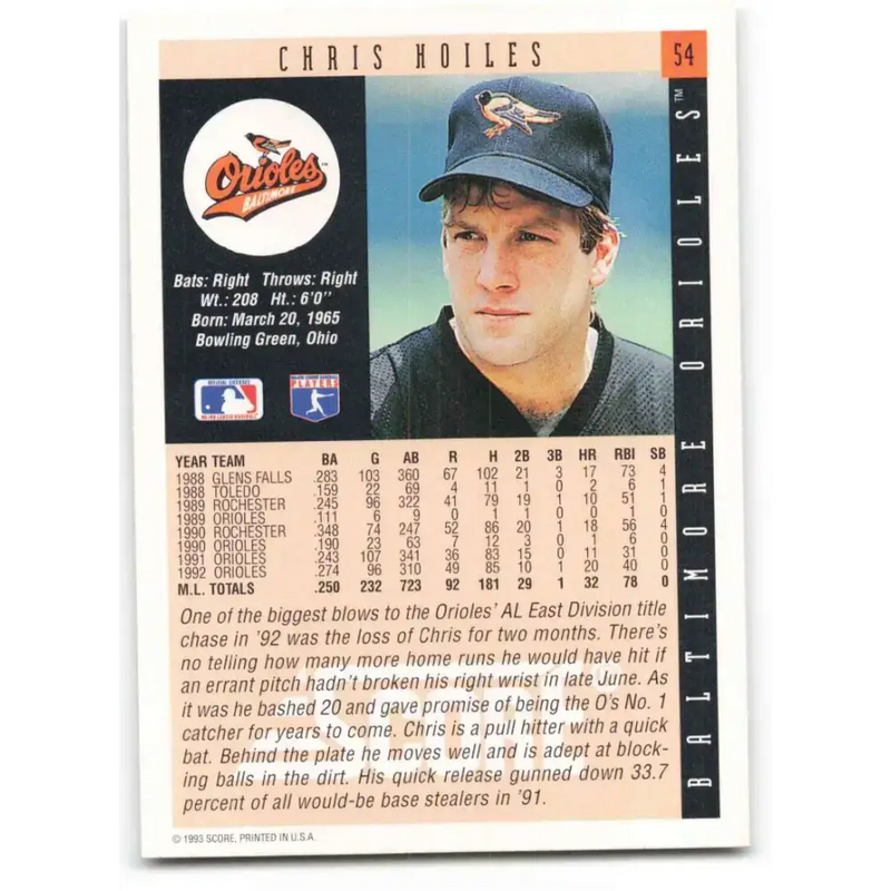 1993 Score #54 Chris Hoiles NM-MT Baltimore Orioles Baseball Card - Baseball Card Single