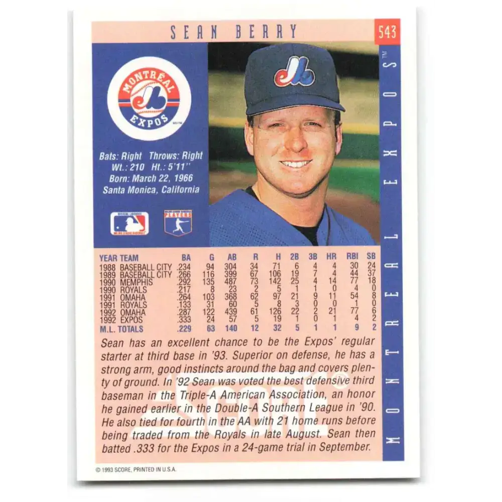 1993 Score #543 Sean Berry NM-MT Montreal Expos Baseball Card - Baseball Card Single