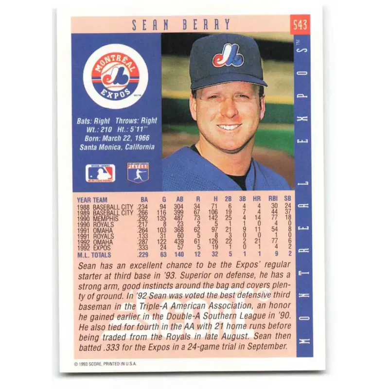 1993 Score #543 Sean Berry NM-MT Montreal Expos Baseball Card - Baseball Card Single