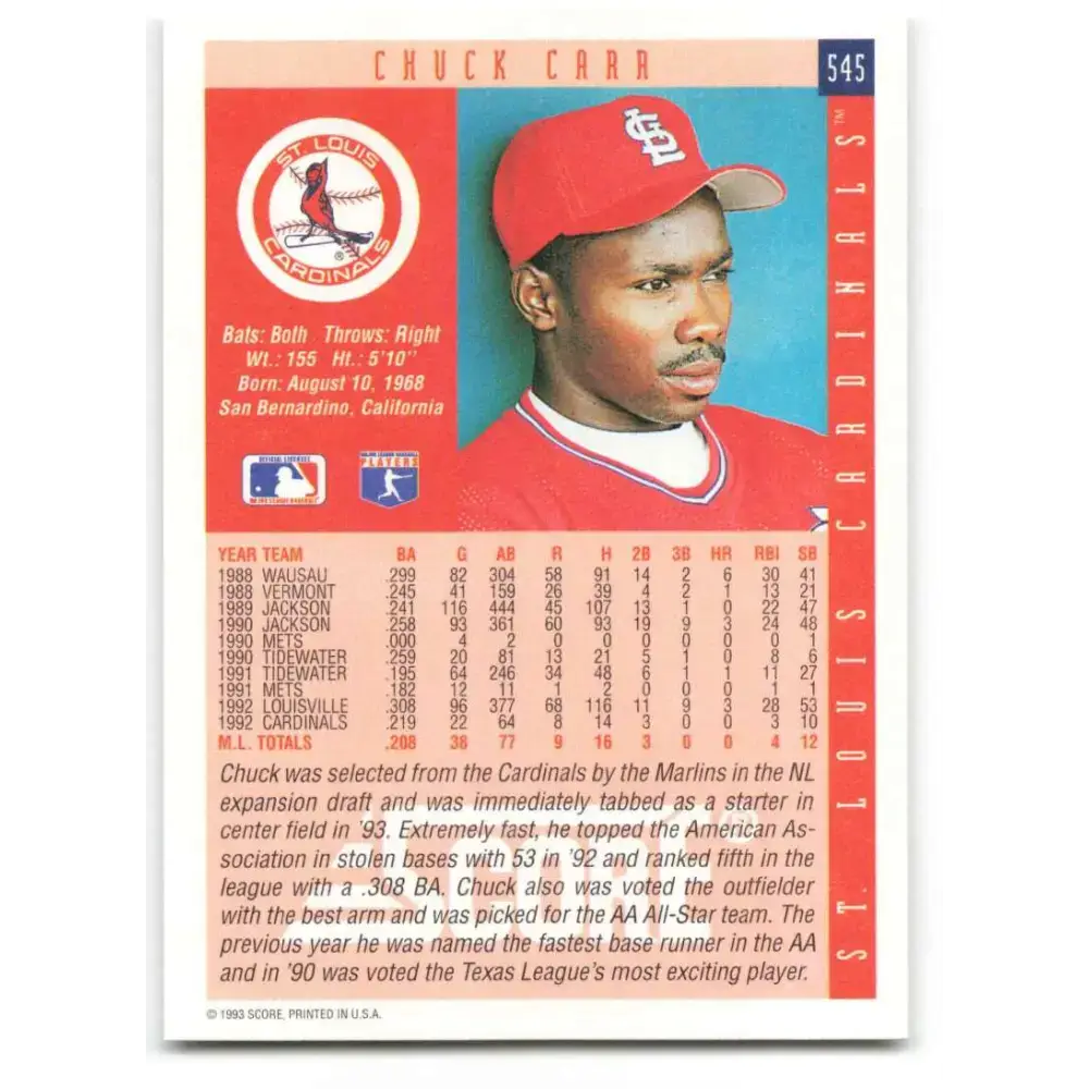 1993 Score #545 Chuck Carr NM-MT St. Louis Cardinals Baseball Card - Baseball Card Single