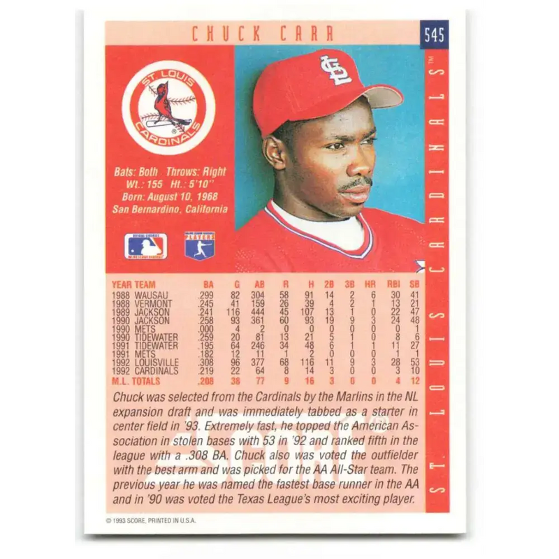 1993 Score #545 Chuck Carr NM-MT St. Louis Cardinals Baseball Card - Baseball Card Single