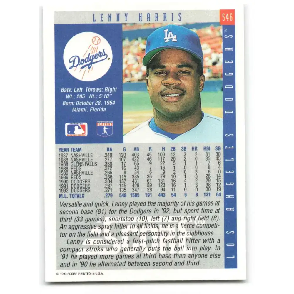 1993 Score #546 Lenny Harris NM-MT Los Angeles Dodgers Baseball Card - Baseball Card Single