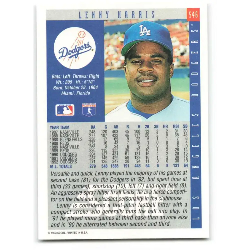 1993 Score #546 Lenny Harris NM-MT Los Angeles Dodgers Baseball Card - Baseball Card Single