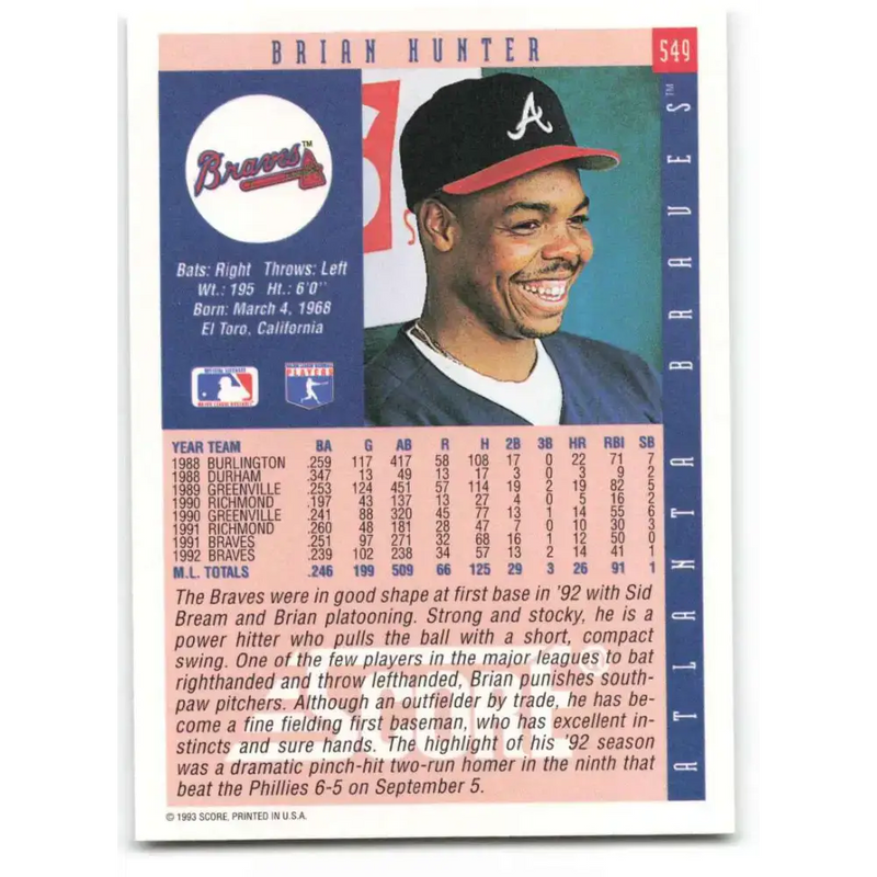 1993 Score #549 Brian Hunter NM-MT Atlanta Braves Baseball Card - Baseball Card Single