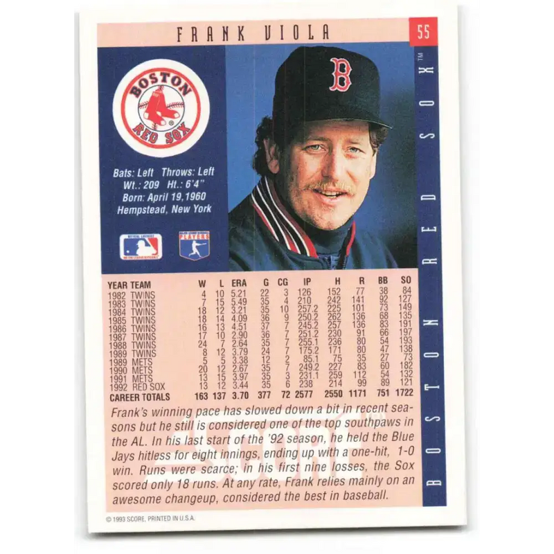 1993 Score #55 Frank Viola NM-MT Boston Red Sox Baseball Card - Baseball Card Single