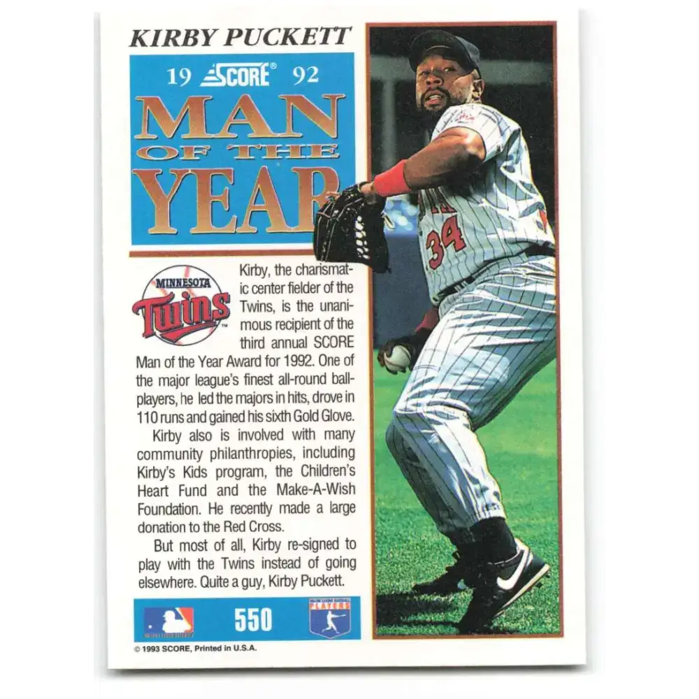 1993 Score #550 Kirby Puckett MOY NM-MT Minnesota Twins Baseball Card - Baseball Card Single