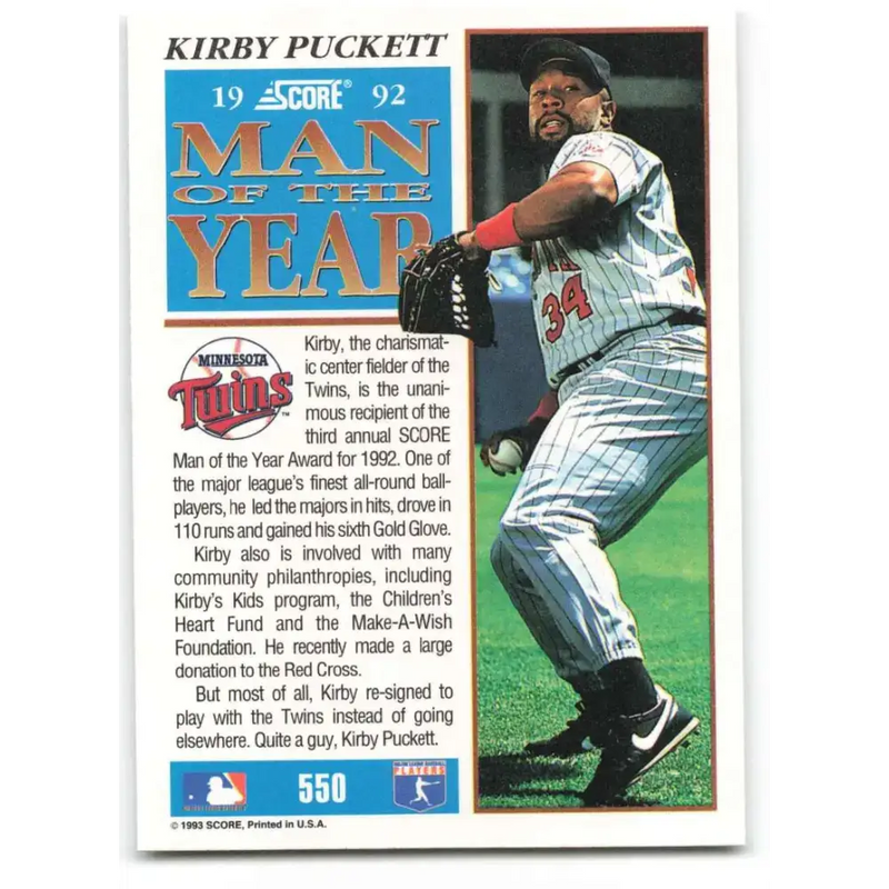 1993 Score #550 Kirby Puckett MOY NM-MT Minnesota Twins Baseball Card - Baseball Card Single