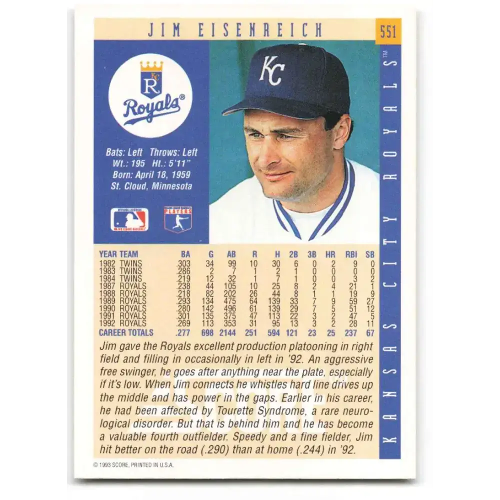1993 Score #551 Jim Eisenreich NM-MT Kansas City Royals Baseball Card - Baseball Card Single