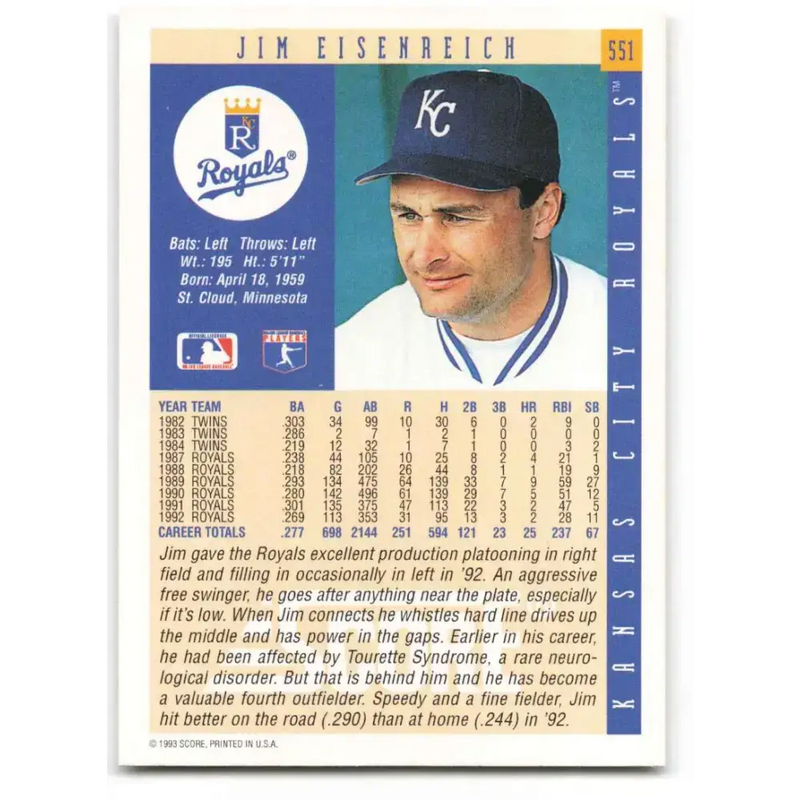1993 Score #551 Jim Eisenreich NM-MT Kansas City Royals Baseball Card - Baseball Card Single
