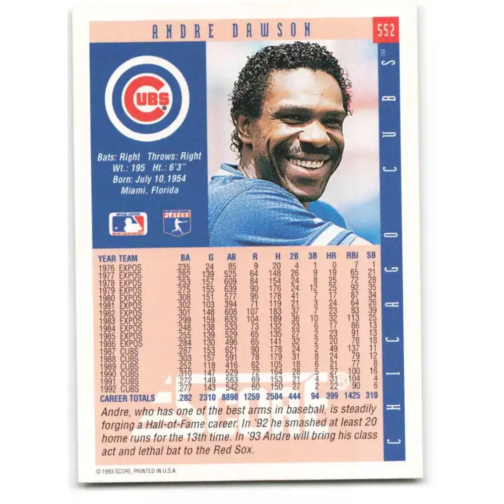 1993 Score #552 Andre Dawson NM-MT Chicago Cubs Baseball Card - Baseball Card Single
