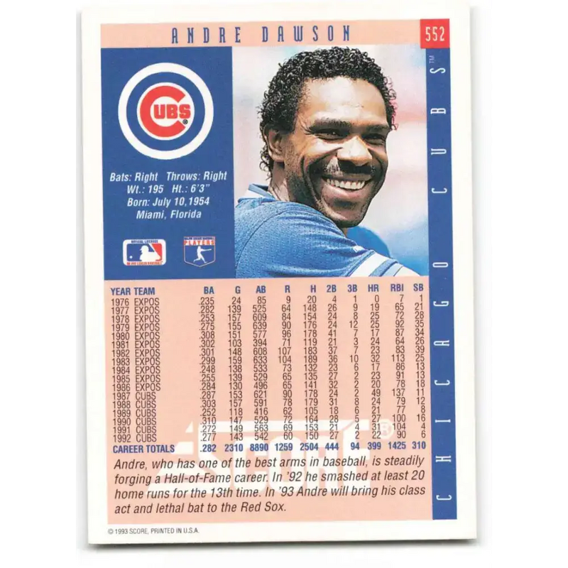 1993 Score #552 Andre Dawson NM-MT Chicago Cubs Baseball Card - Baseball Card Single