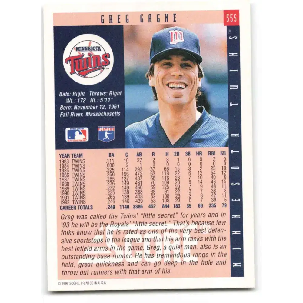 1993 Score #555 Greg Gagne NM-MT Minnesota Twins Baseball Card - Baseball Card Single