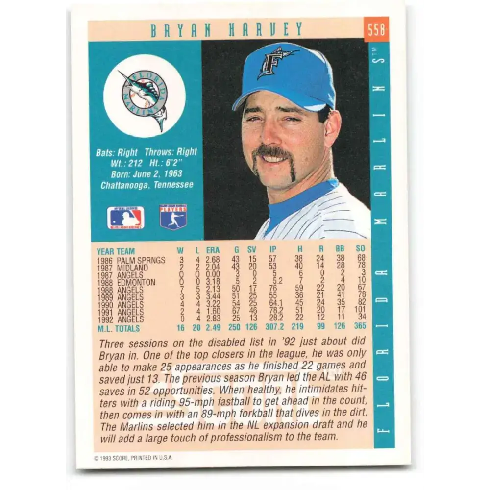 1993 Score #558 Bryan Harvey NM-MT Florida Marlins Baseball Card - Baseball Card Single