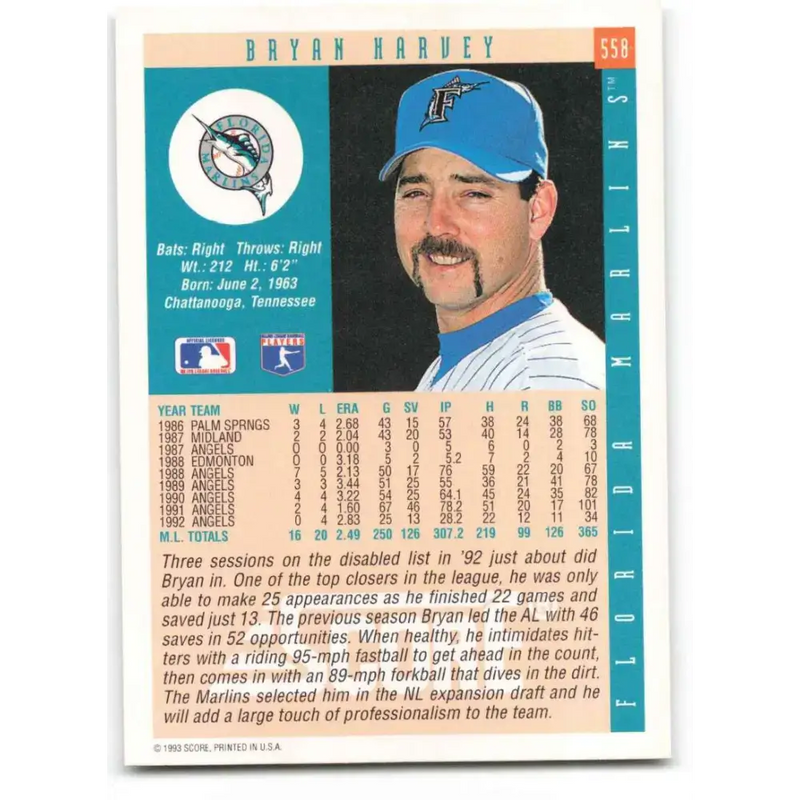1993 Score #558 Bryan Harvey NM-MT Florida Marlins Baseball Card - Baseball Card Single
