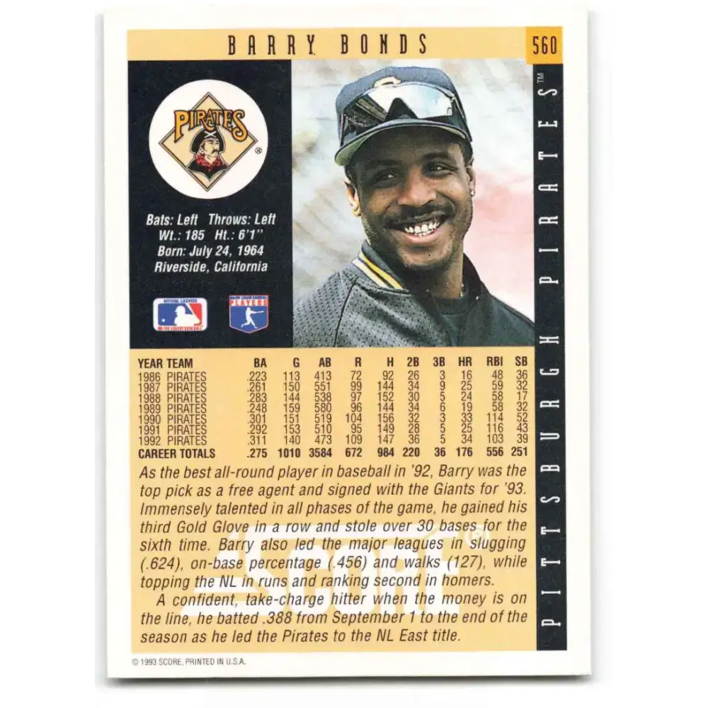 1993 Score #560 Barry Bonds NM-MT Pittsburgh Pirates Baseball Card - Baseball Card Single