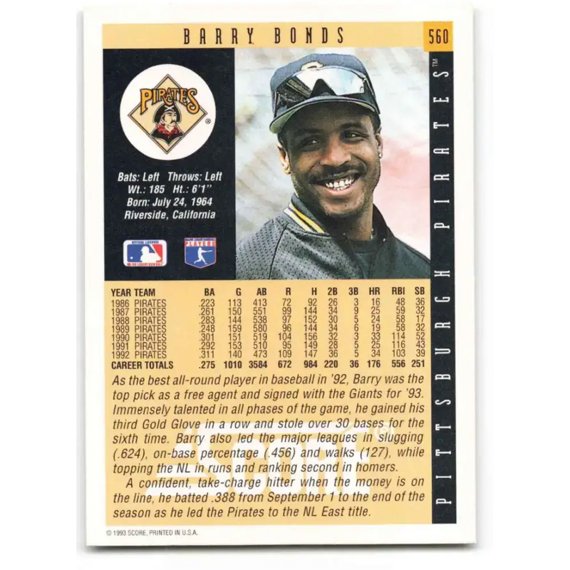 1993 Score #560 Barry Bonds NM-MT Pittsburgh Pirates Baseball Card - Baseball Card Single