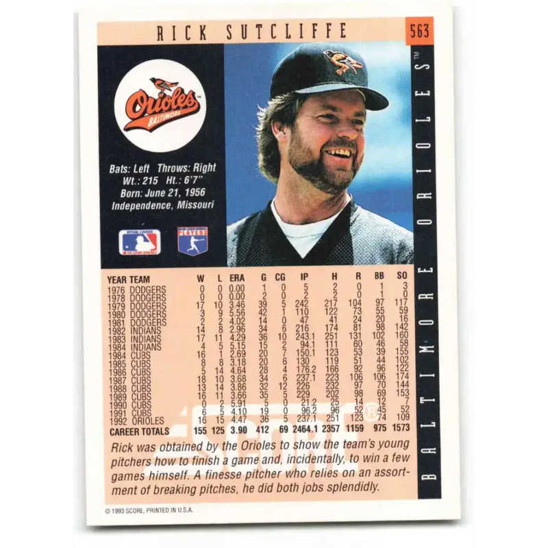 1993 Score #563 Rick Sutcliffe NM-MT Baltimore Orioles Baseball Card - Baseball Card Single