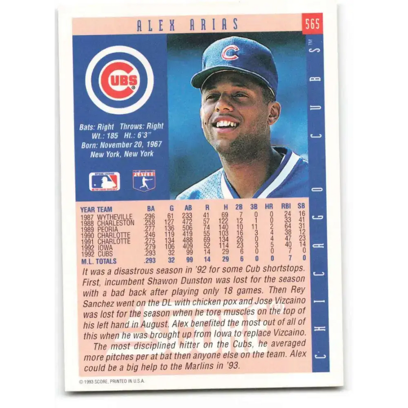 1993 Score #565 Alex Arias NM-MT Chicago Cubs Baseball Card - Baseball Card Single