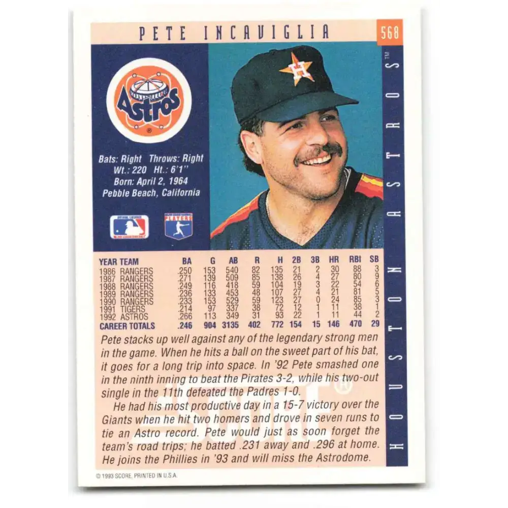 1993 Score #568 Pete Incaviglia NM-MT Houston Astros Baseball Card - Baseball Card Single