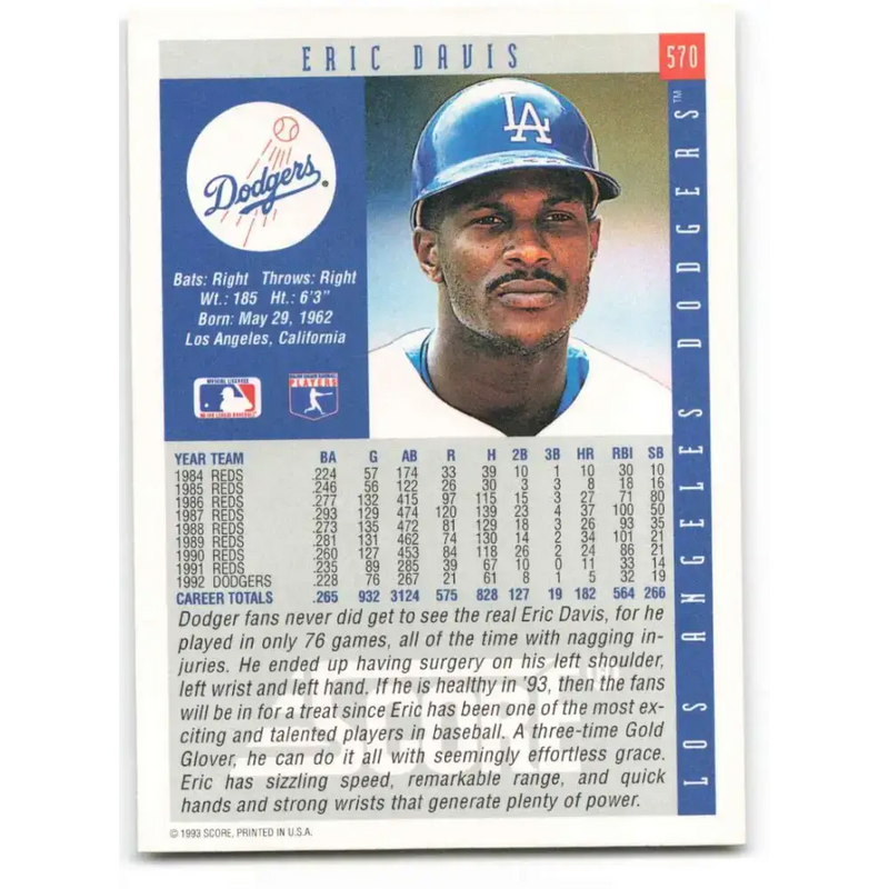 1993 Score #570 Eric Davis NM-MT Los Angeles Dodgers Baseball Card - Baseball Card Single